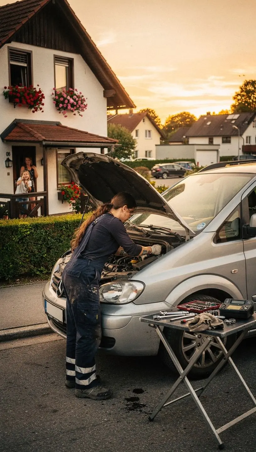 Mobiler Reparaturservice überprüft Bremsen eines Autos auf der Straße